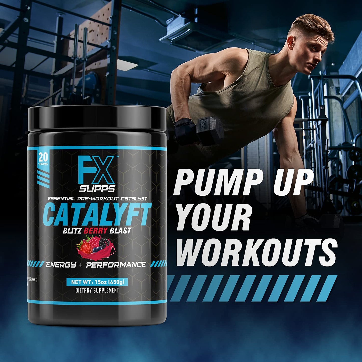 FX Supps Catalyft Pre-Workout PowderDrink for Men and Women Blitz Berry Blast Dietary SupplementMix with Creatine,Caffeine & Beta-Alanine | Best for Energy Pump,Muscle Gain & Focus,20 Servings(1 Pack)