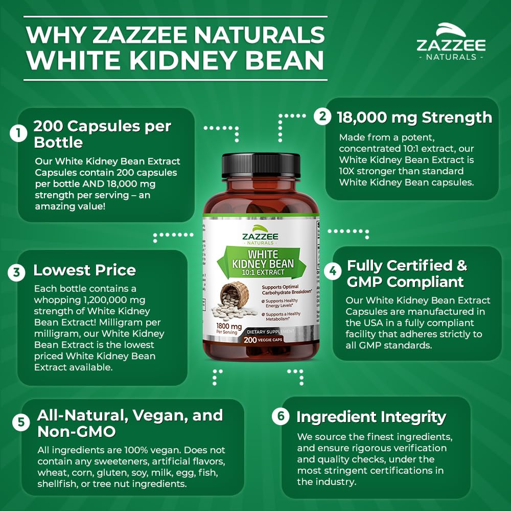 Zazzee White Kidney Bean 10:1 Extract, 18,000 mg Strength, 200 Vegan Capsules, Over 2 Month Supply