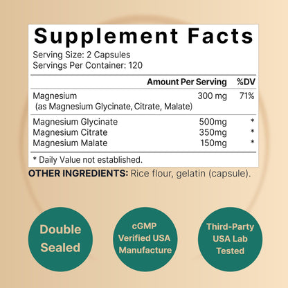 Triple Complex Magnesium Supplement, 240 Capsules | Magnesium Glycinate 500mg