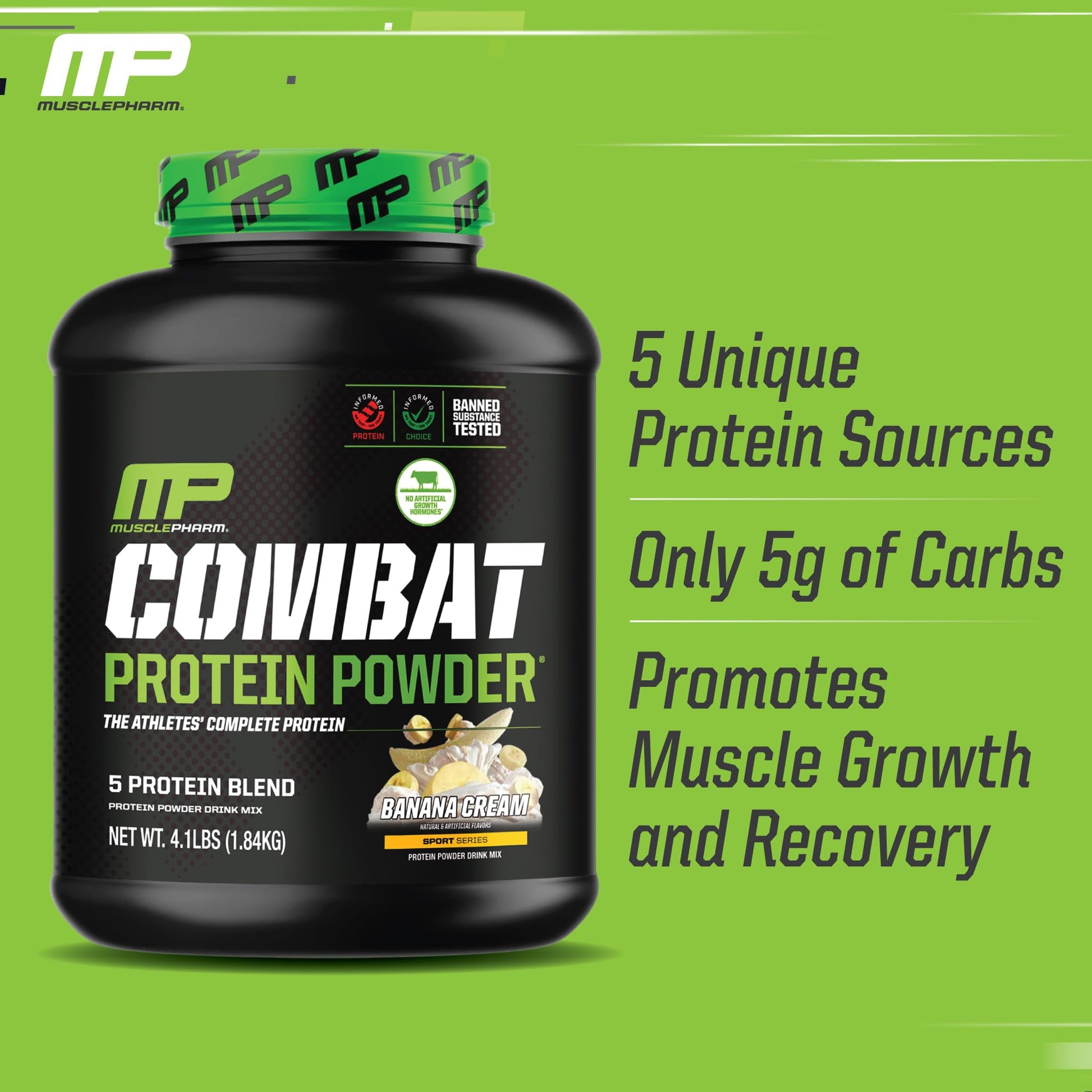 MusclePharm Combat Protein Powder, Banana Cream - 4 lb - Gluten Free - 52 Servings Muscle Pharm