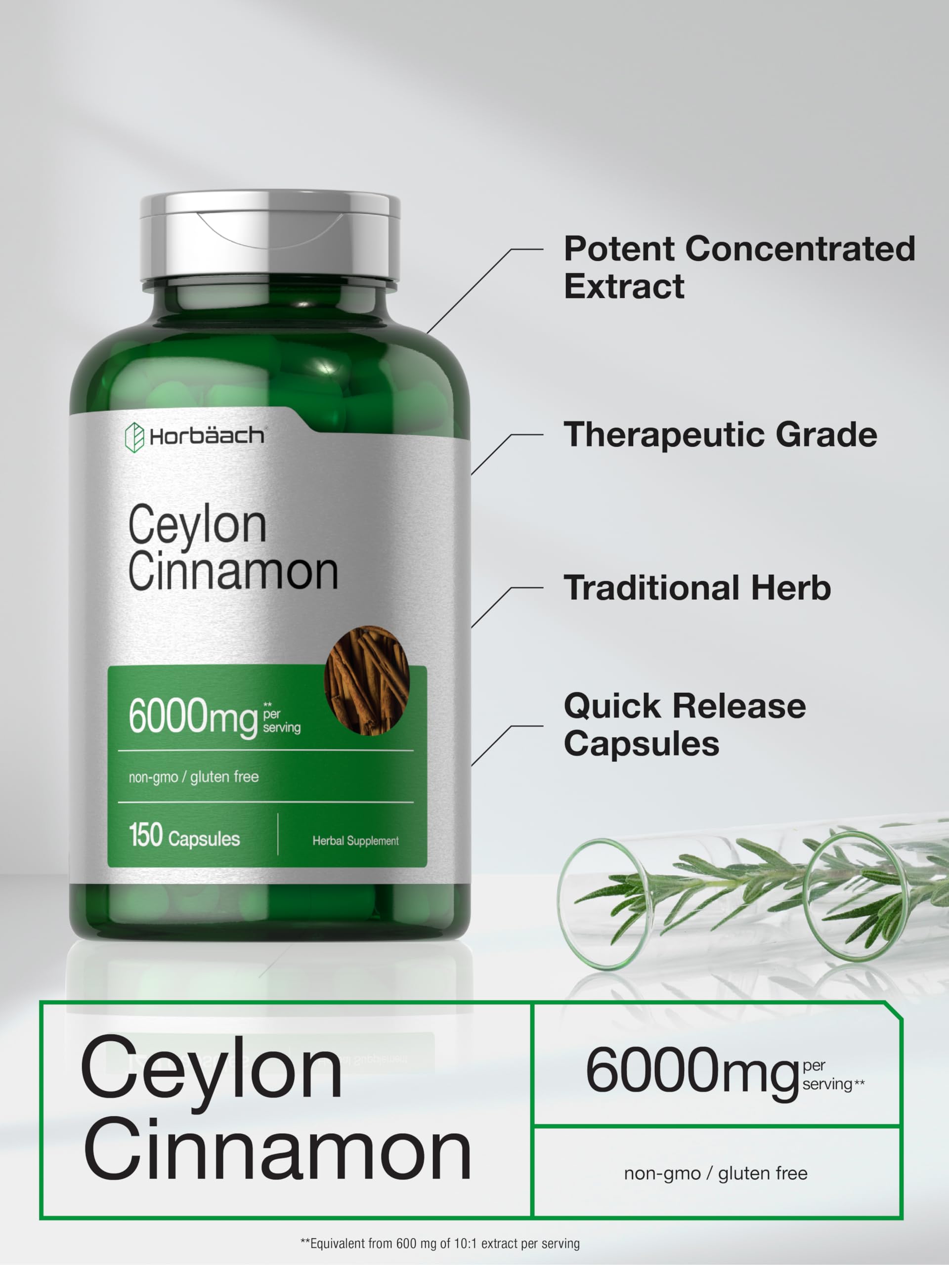 Ceylon Cinnamon Capsules | 6000 mg | 150 Count | Non-GMO & Gluten Free Supplement Horbäach