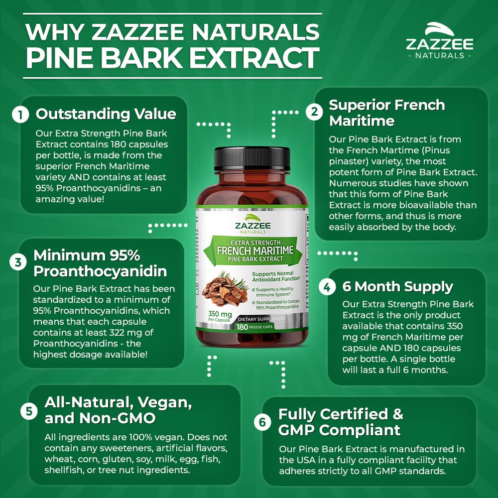 Zazzee Extra Strength French Maritime Pine Bark Extract, 350 mg Per Capsule