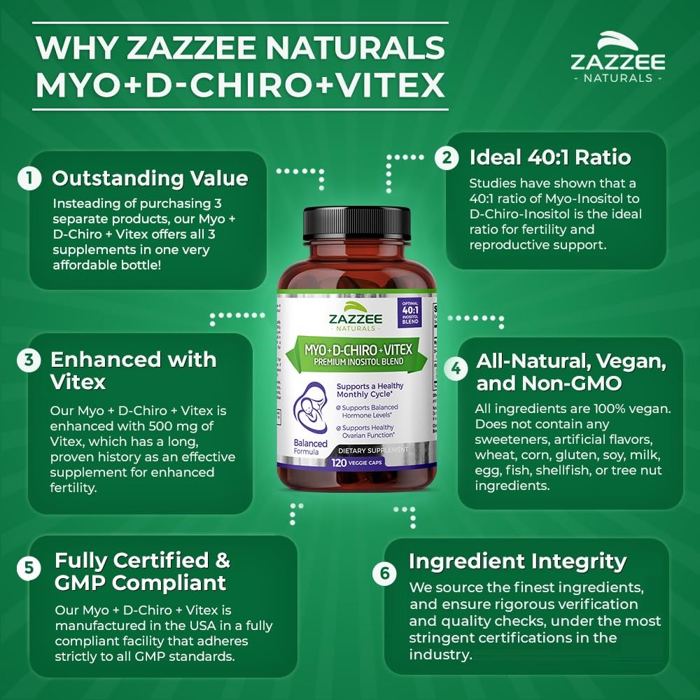 Zazzee Myo-Inositol + D-Chiro + Vitex, 120 Vegan Capsules, Optimal 40:1 Inositol Ratio, with 500 mg Vitex Zazzee