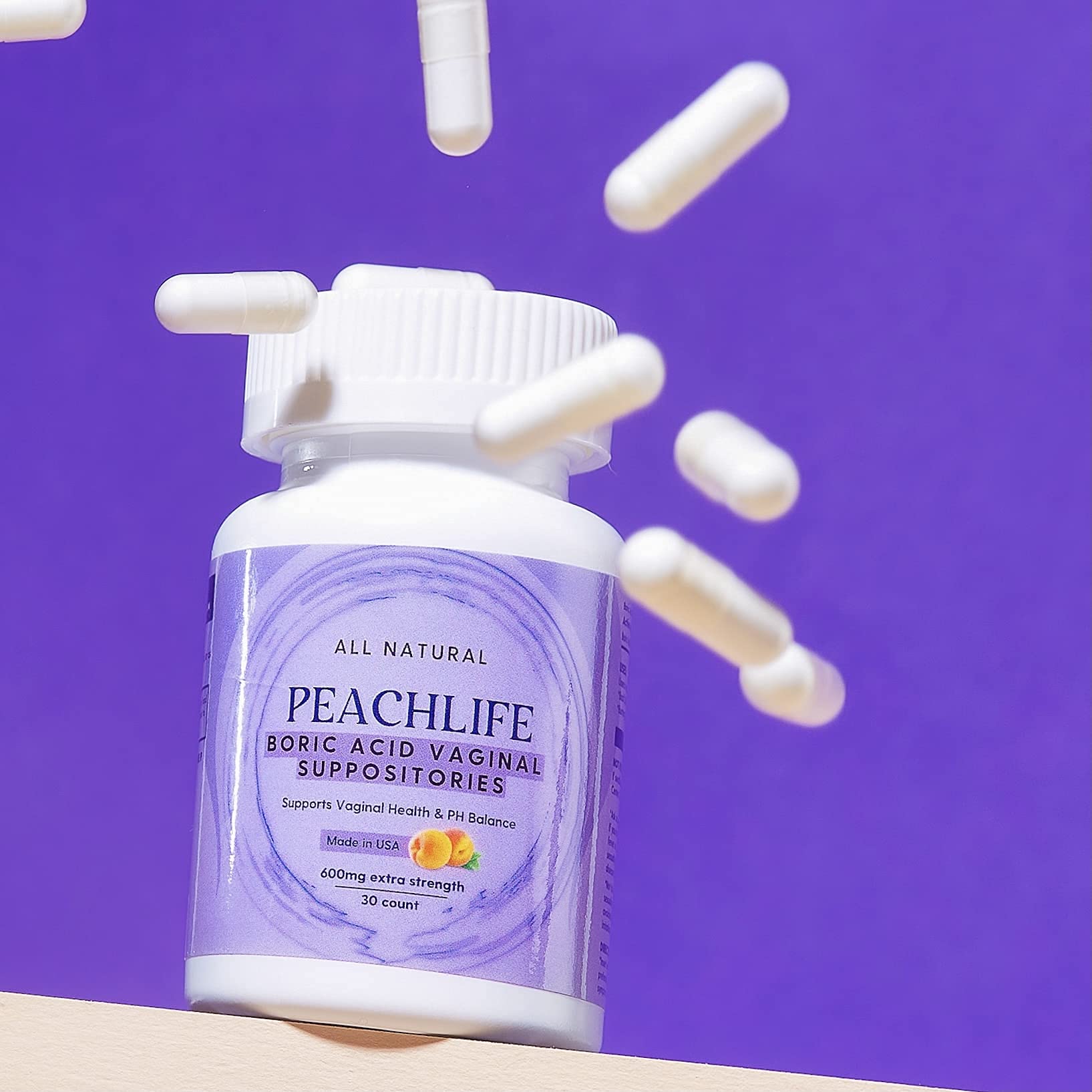 Peachlife Boric Acid Suppositories in Vegetable Capsules - USA Made - Vaginal pH Peachlife