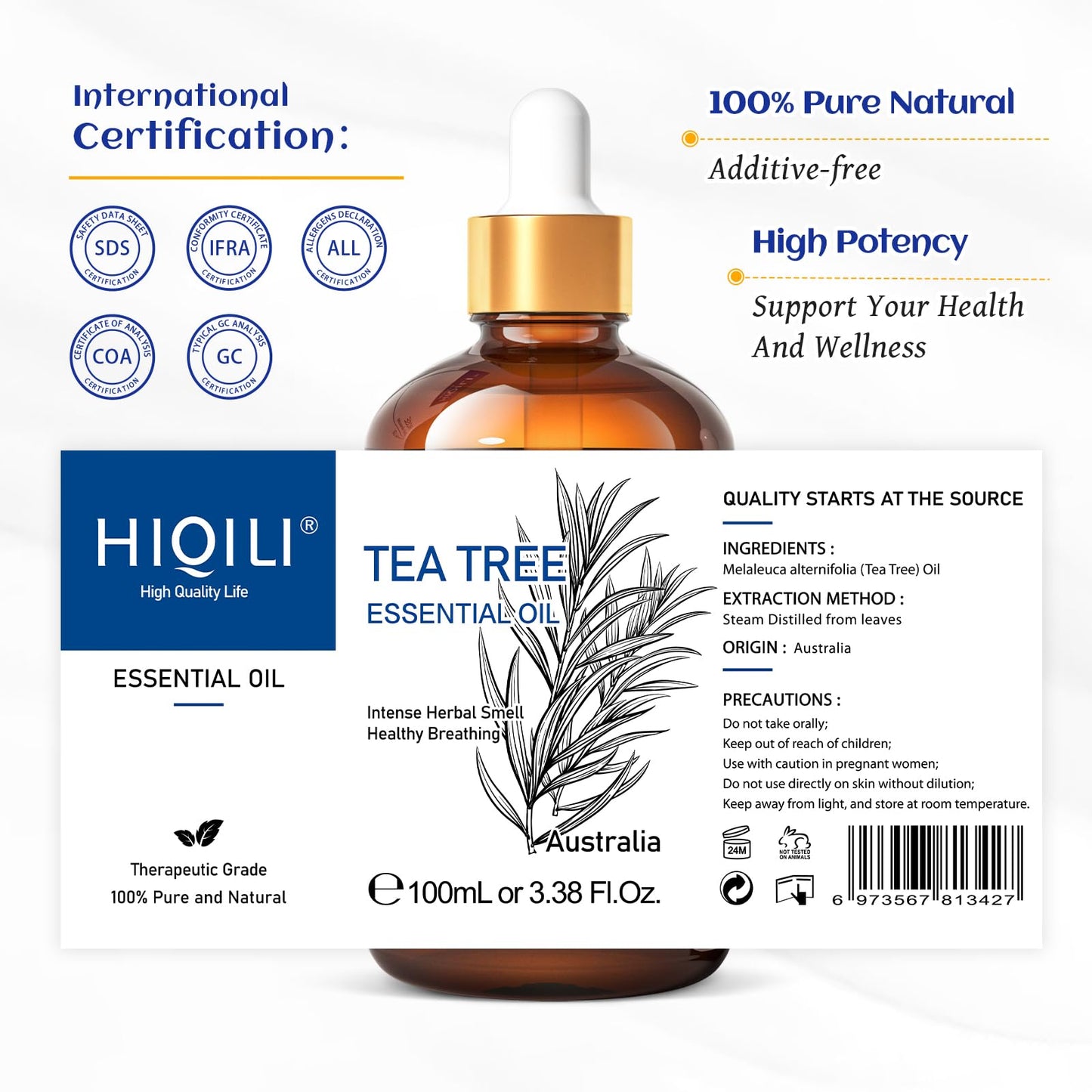 HIQILI Tea Tree Essential Oil (100 ML), 100% Pure for Toenail Fungus, Hair Damage
