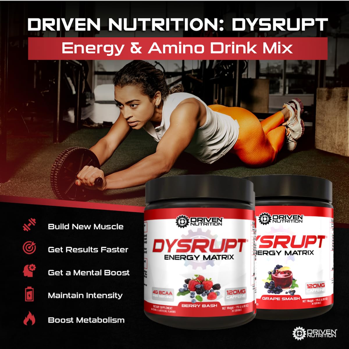 Driven Nutrition DYSRUPT: BCAA + Caffeine with Electrolytes: Sugar & Gluten Free Supplement- Improve Recovery, Burn More Fat, Increase Endurance, and Achieve Greater Focus