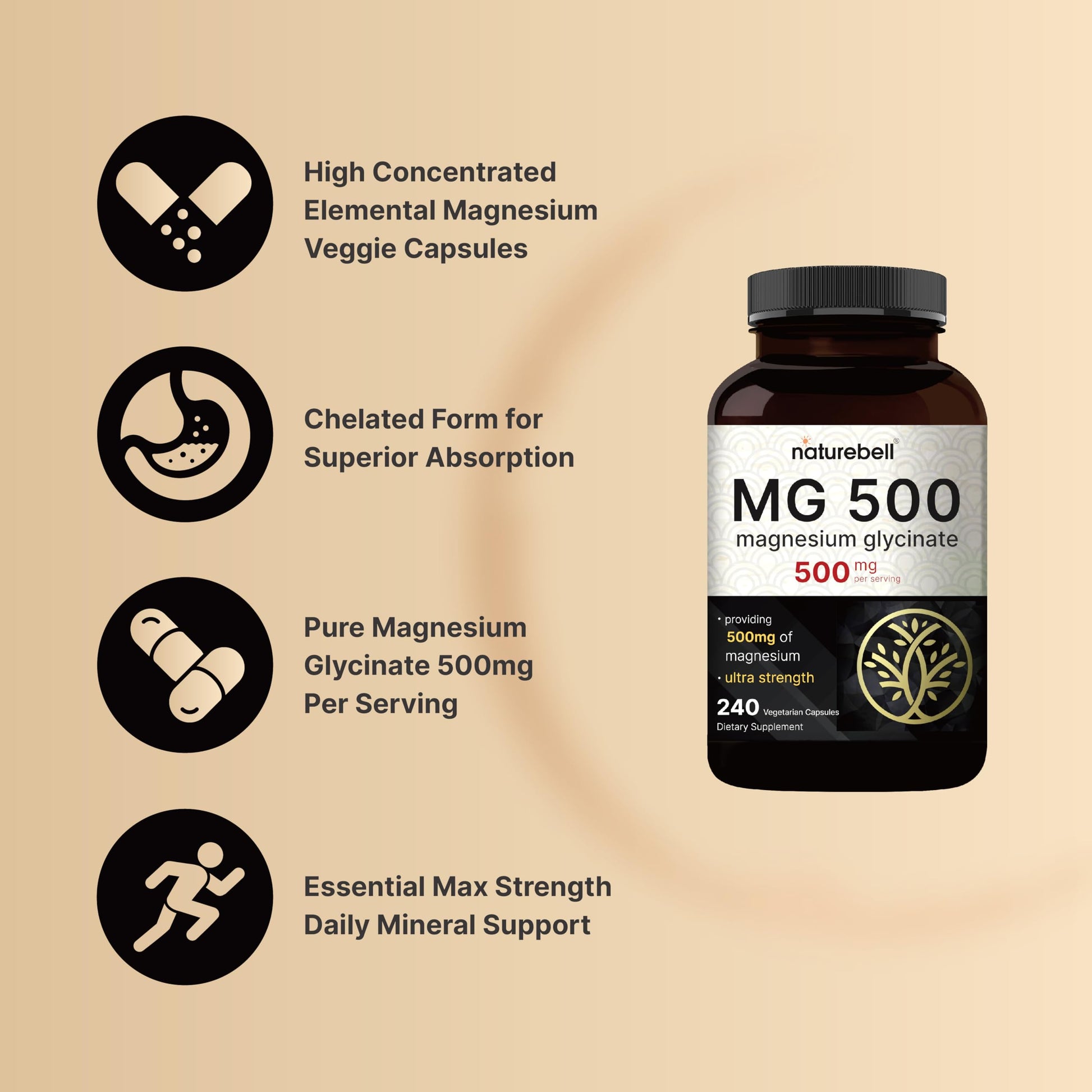 Magnesium Glycinate 500mg Per Serving | 240 Veggie Capsule, 100% Chelated NatureBell