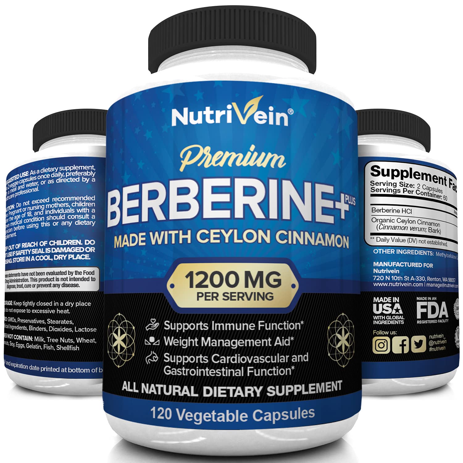 Nutrivein Premium Berberine HCL 1200mg Plus Organic Ceylon Cinnamon - 120 Capsules Nutrivein