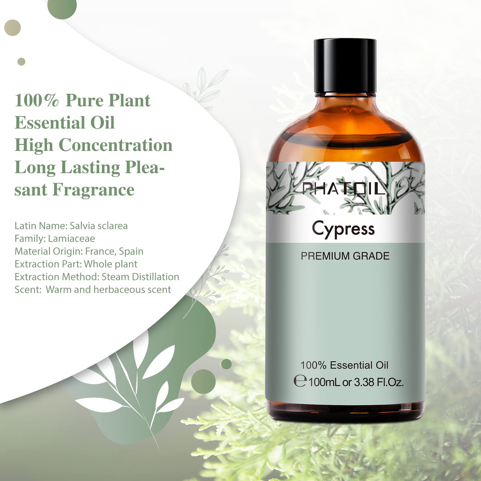 Cypress 3.38fl.oz Essential Oil, PHATOIL Aromatherapy Essential Oils for Diffuser, Humidifier PHATOIL