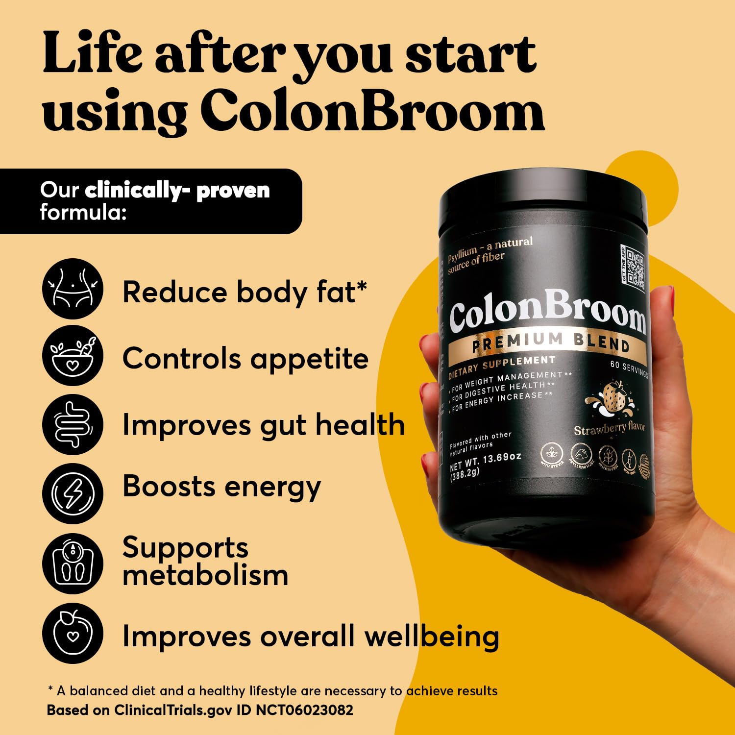 ColonBroom Premium Psyllium Husk Powder (Strawberry) - Colon Cleanse for Bloating ColonBroom