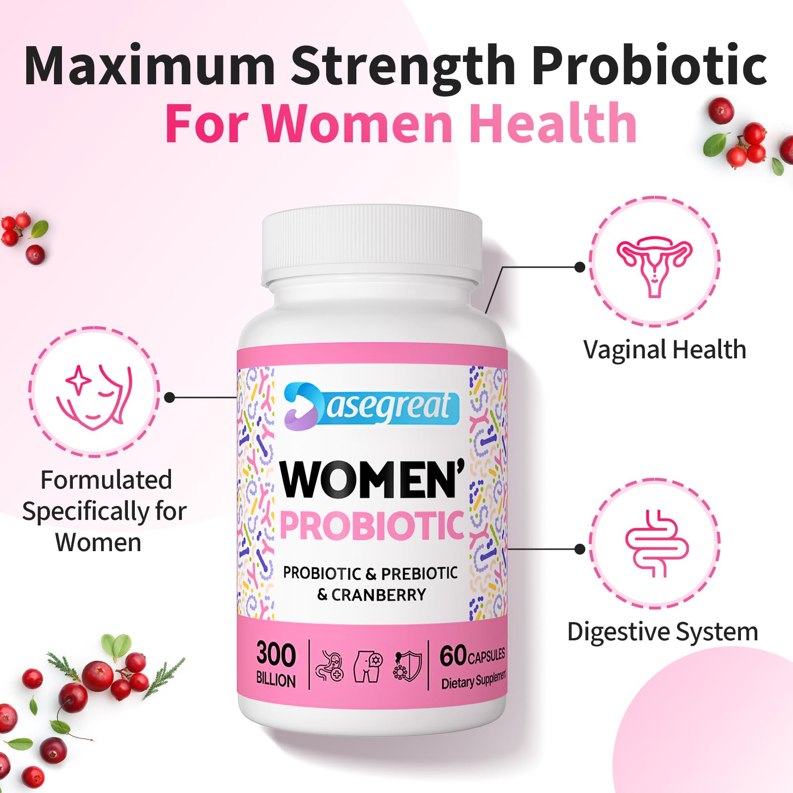 300 Billion CFUs Probiotics for Women,12 Strains Probiotics with Prebiotic Cranberry Heafetine
