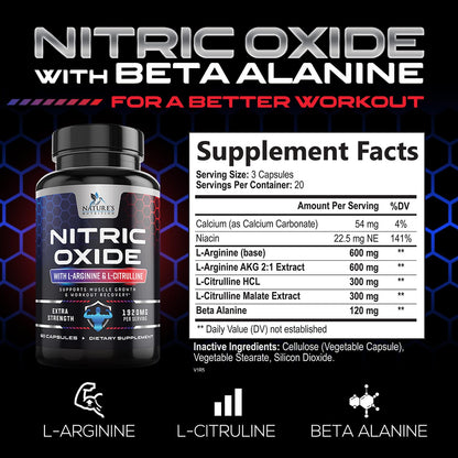 Extra Strength Nitric Oxide Supplement L Arginine 3X Strength - Citrulline Malate, AAKG