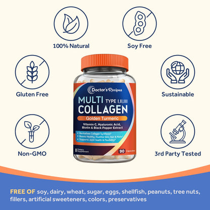 Doctor's Recipes Multi Collagen Complex with Golden Turmeric, Vitamin C, Biotin, Hyaluronic