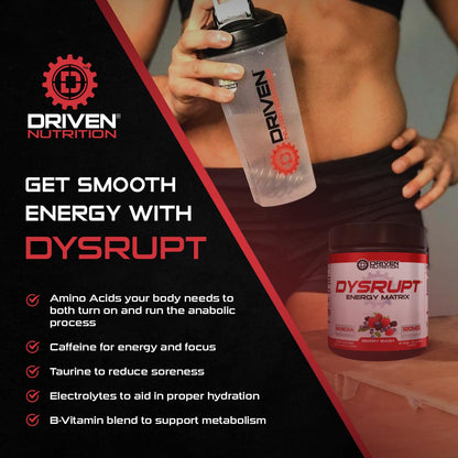 Driven Nutrition DYSRUPT: BCAA + Caffeine with Electrolytes: Sugar & Gluten Free Supplement- Improve Recovery, Burn More Fat, Increase Endurance, and Achieve Greater Focus