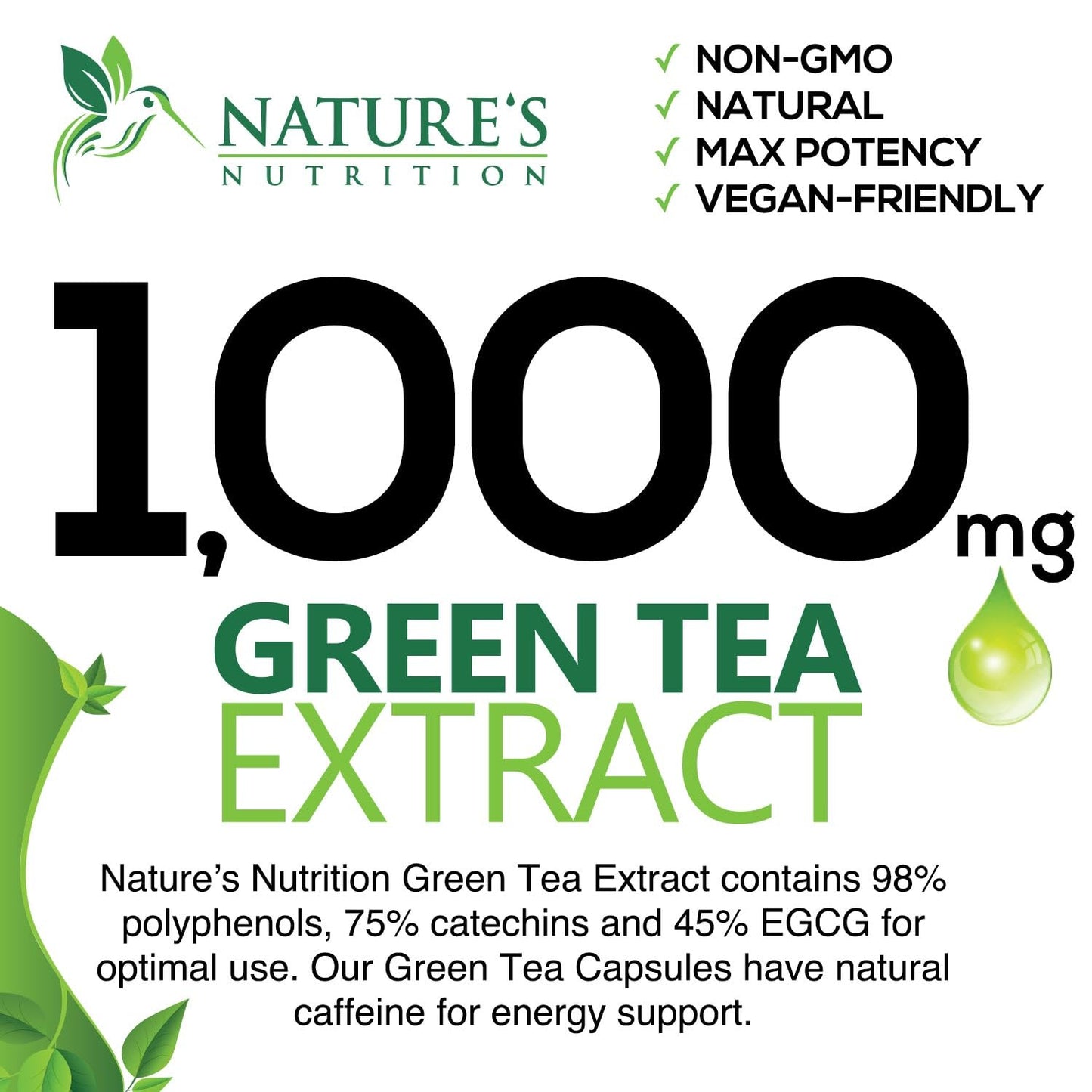 Green Tea Extract Capsules 1000mg 98% Standardized EGCG - 3X Strength for Natural