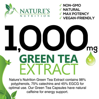 Green Tea Extract Capsules 1000mg 98% Standardized EGCG - 3X Strength for Natural