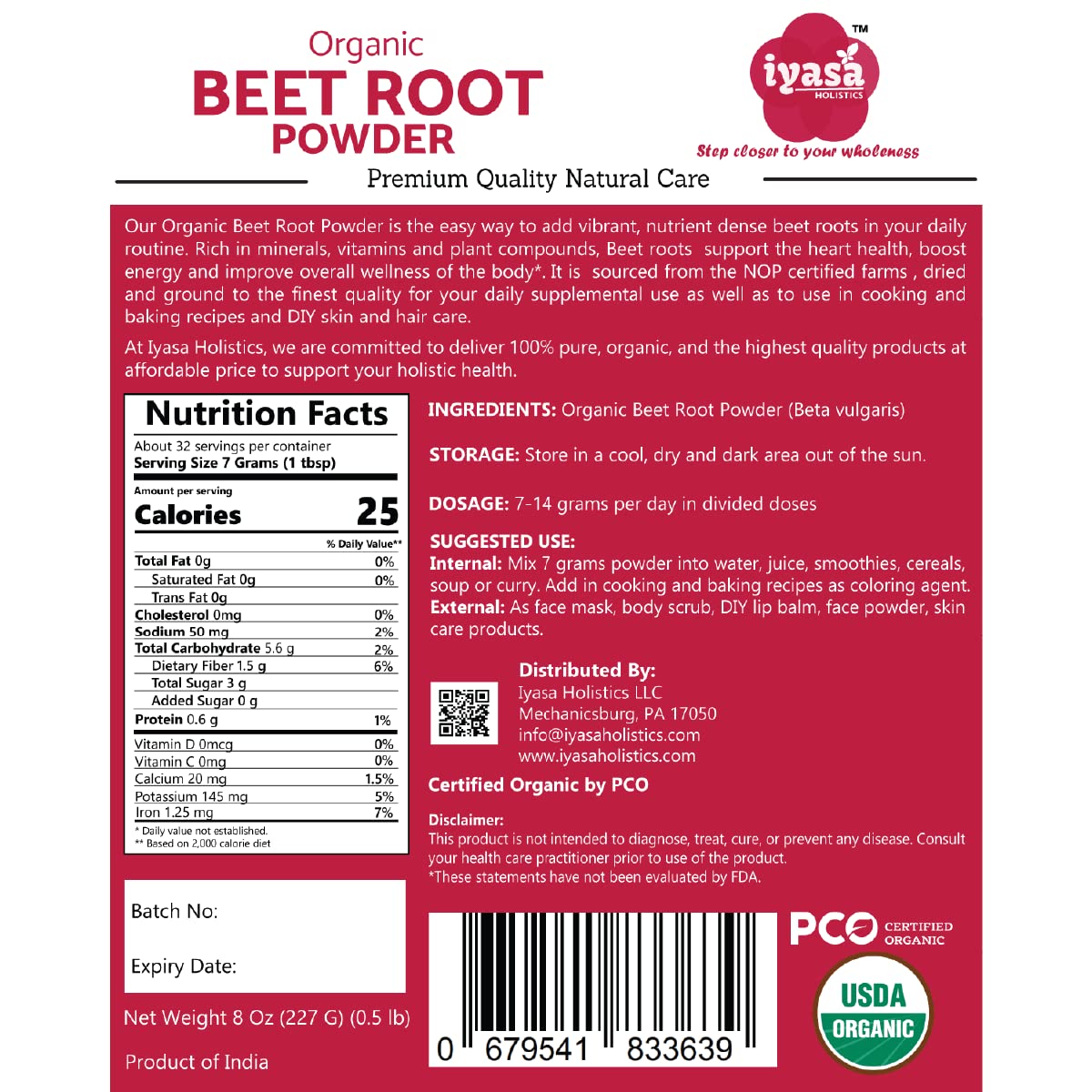 Iyasa Organic Beet Root Powder, Plant Based, Vegan, Gluten-Free, Beetroot Superfood, Nitric Oxide Boost, Blood Circulation Support, Pre Post Workout, Baking and Cooking 8 oz 223 gm