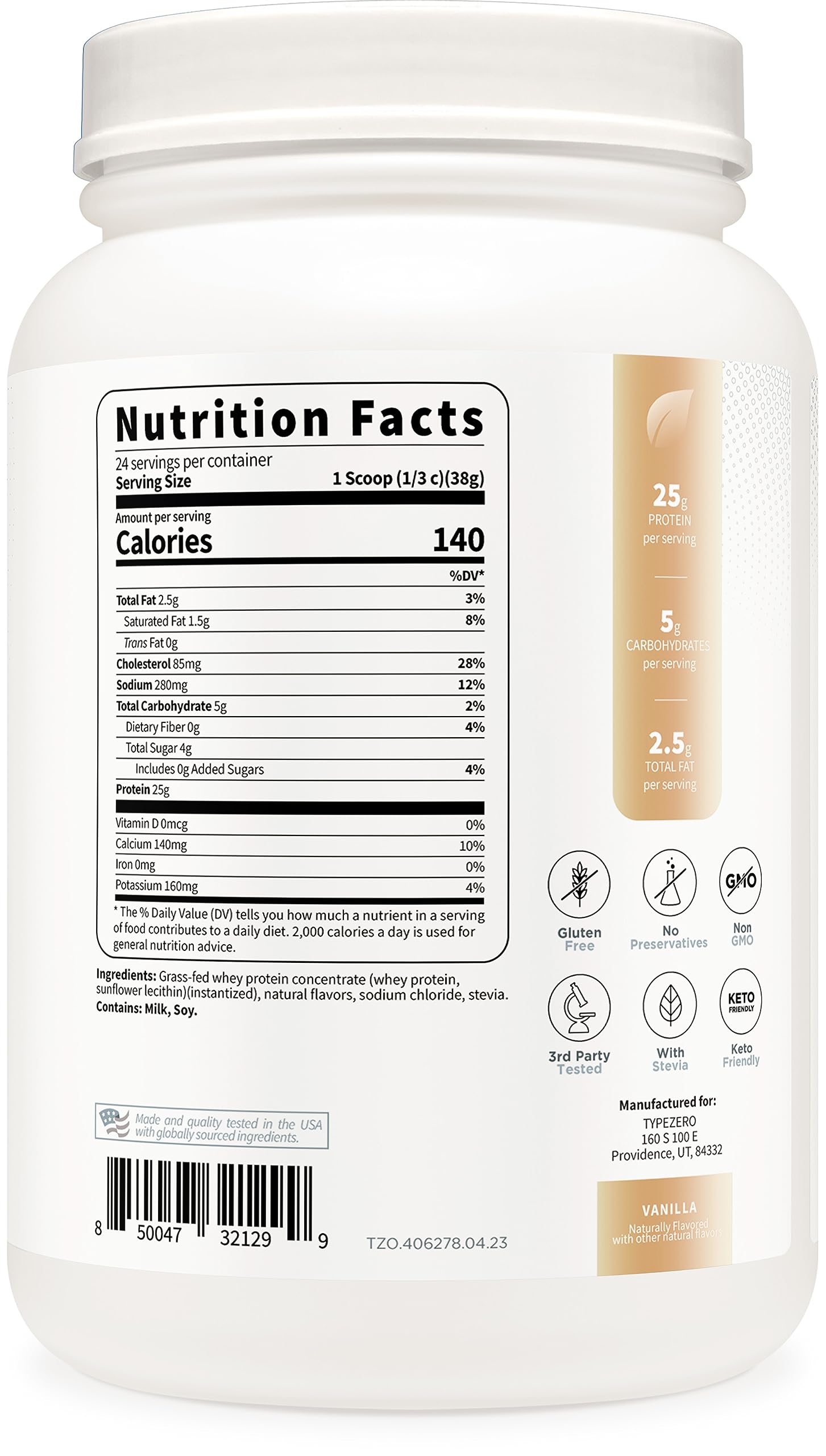 Type Zero Grass Fed Whey Protein Concentrate Powder (Vanilla, 2LBS) - Gluten Free Type Zero