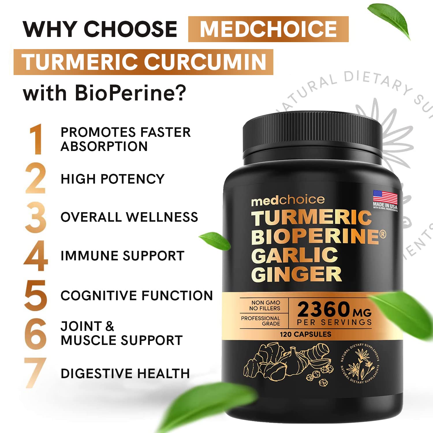 4-in-1 Supplement with Turmeric, Garlic, Ginger Root, and Black Pepper - 120 Capsules MEDCHOICE