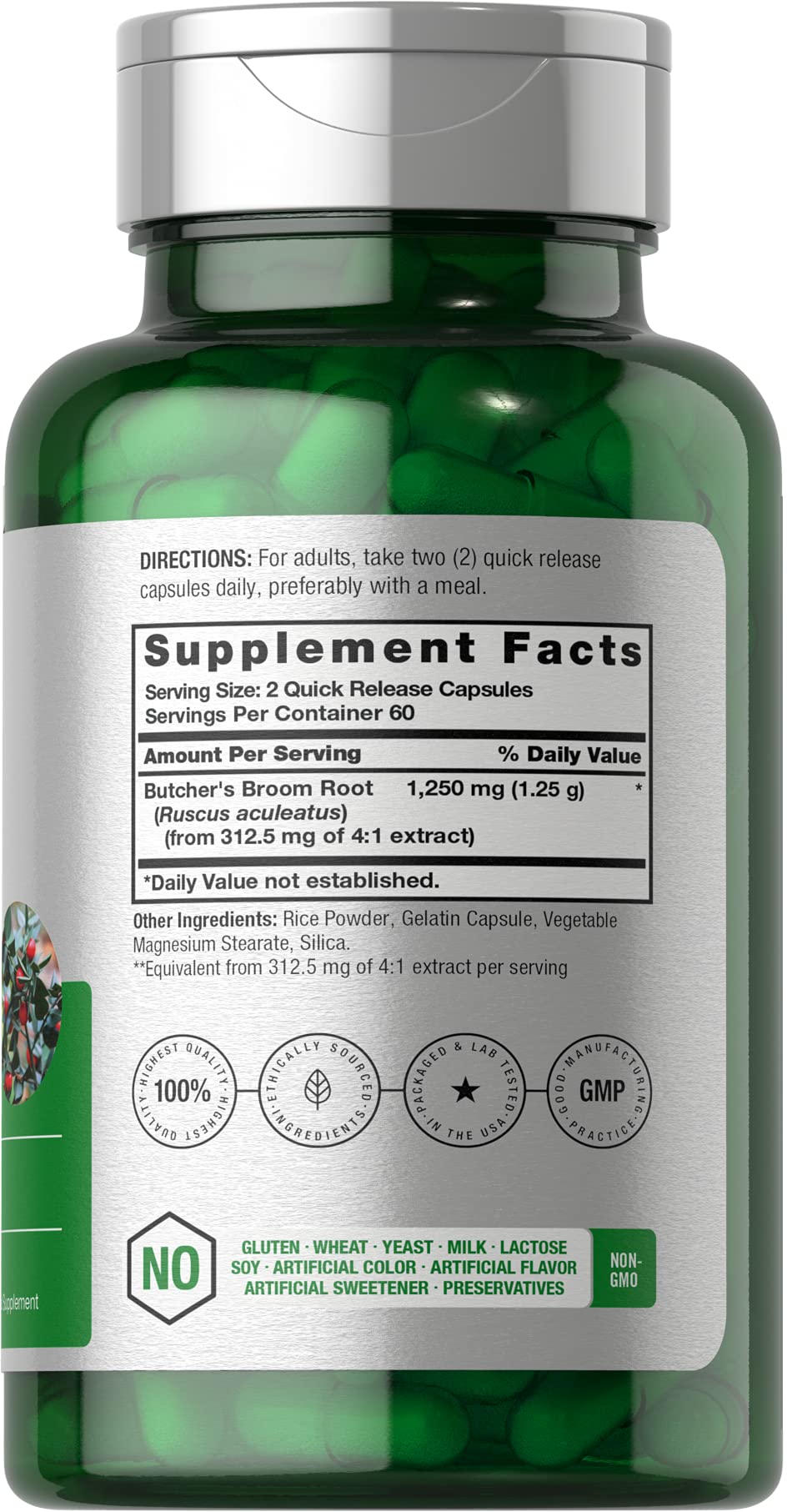 Butchers Broom Capsules 1250mg | 120 Count | Non-GMO, Gluten Free | Traditional Herb