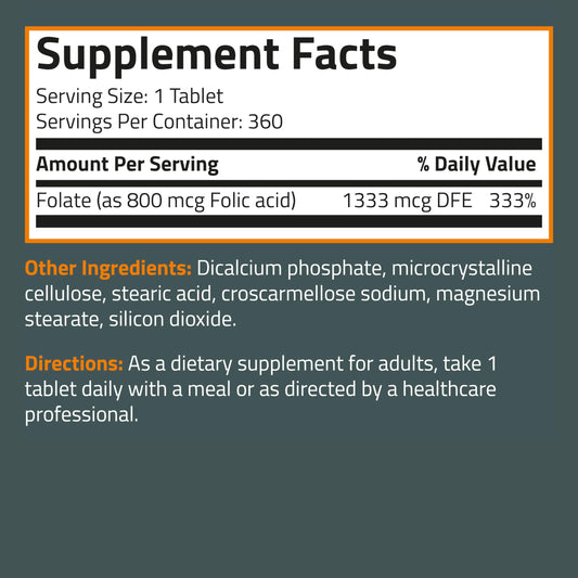 Bronson Folic Acid 800 MCG Supports Prenatal Development, 1 Year Supply, Non-GMO
