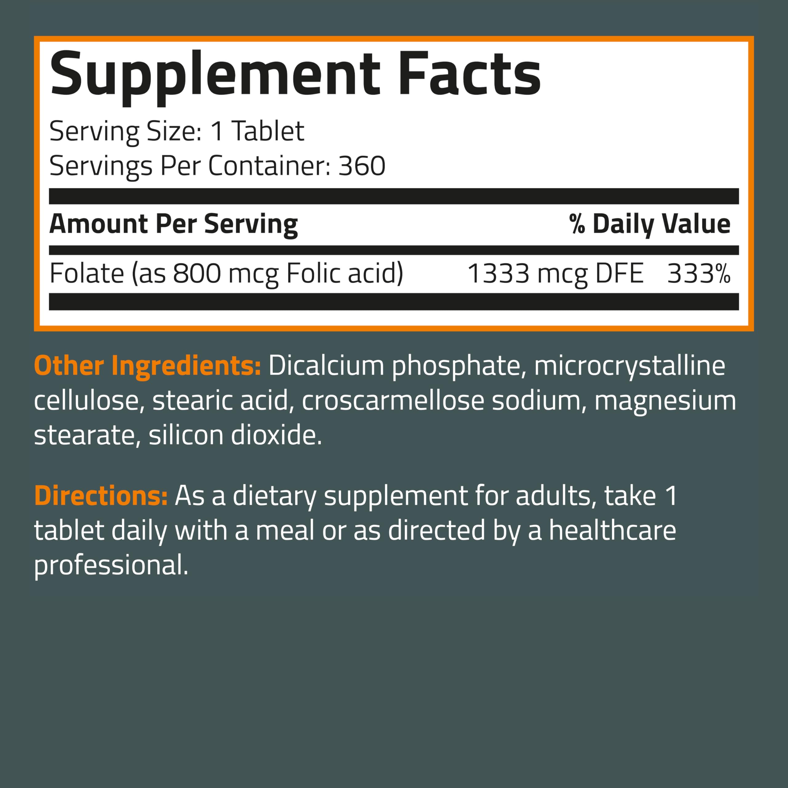 Bronson Folic Acid 800 MCG Supports Prenatal Development, 1 Year Supply, Non-GMO Bronson