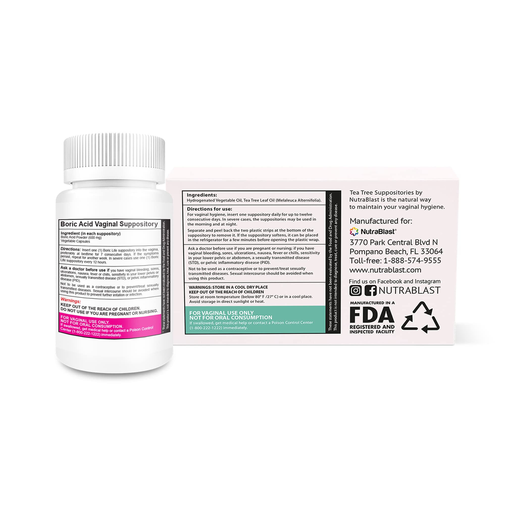 NutraBlast Boric Acid Vaginal Suppositories 600mg (30 Count) w/Tea Tree Oil Suppositories (12 Count) NutraBlast