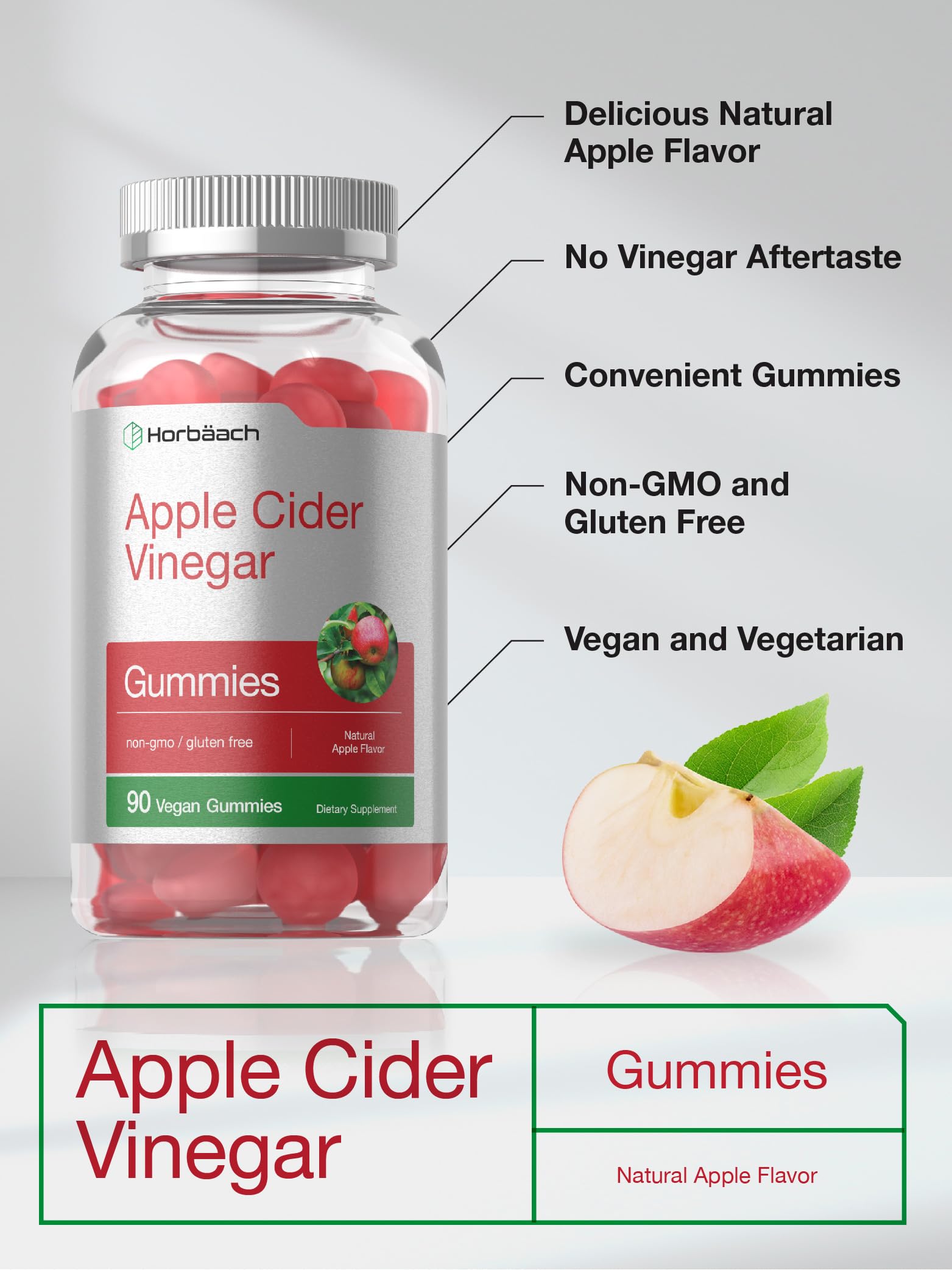 Vegan Apple Cider Vinegar Gummies | 90 Count | ACV Supplement | Natural Apple Flavor Horbäach