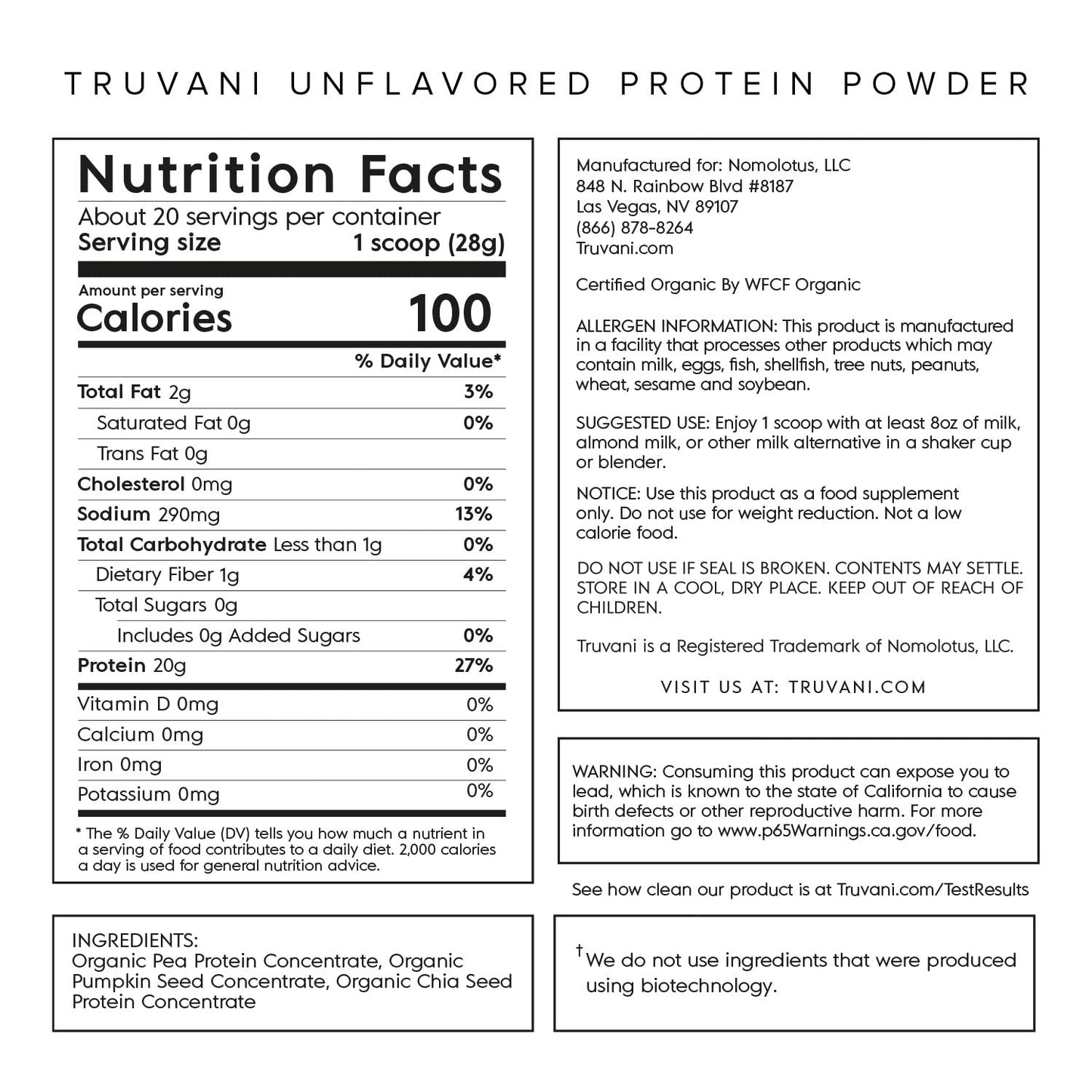 Truvani Organic Vegan Protein Powder Unflavored - 20g of Plant Based Protein, Organic