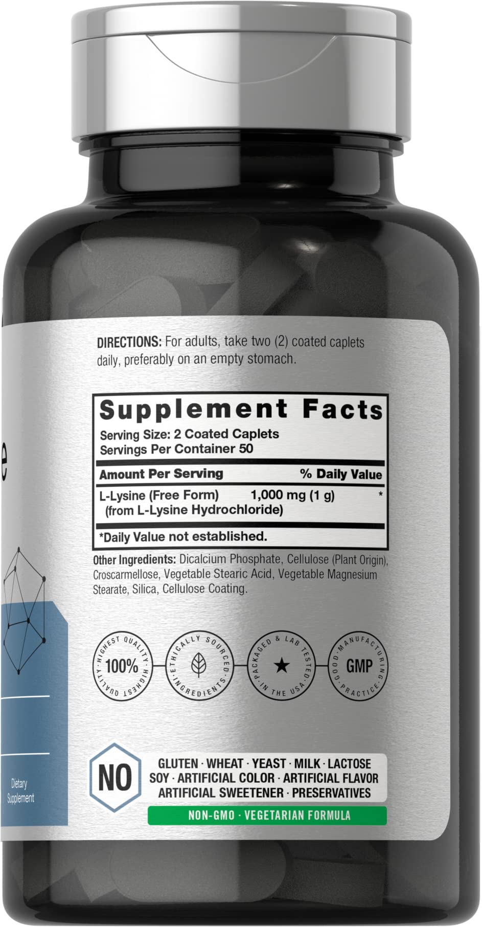 L-Lysine 1000mg | 100 Coated Caplets | Free Form Dietary Supplement | Vegetarian Horbäach