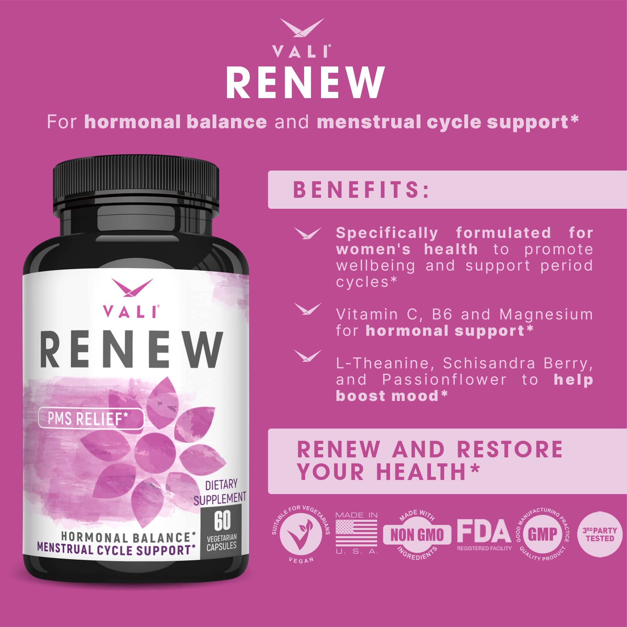 VALI Renew PMS Relief Supplement. Women’s Menstrual Cycle Support. Herbal Formula VALI