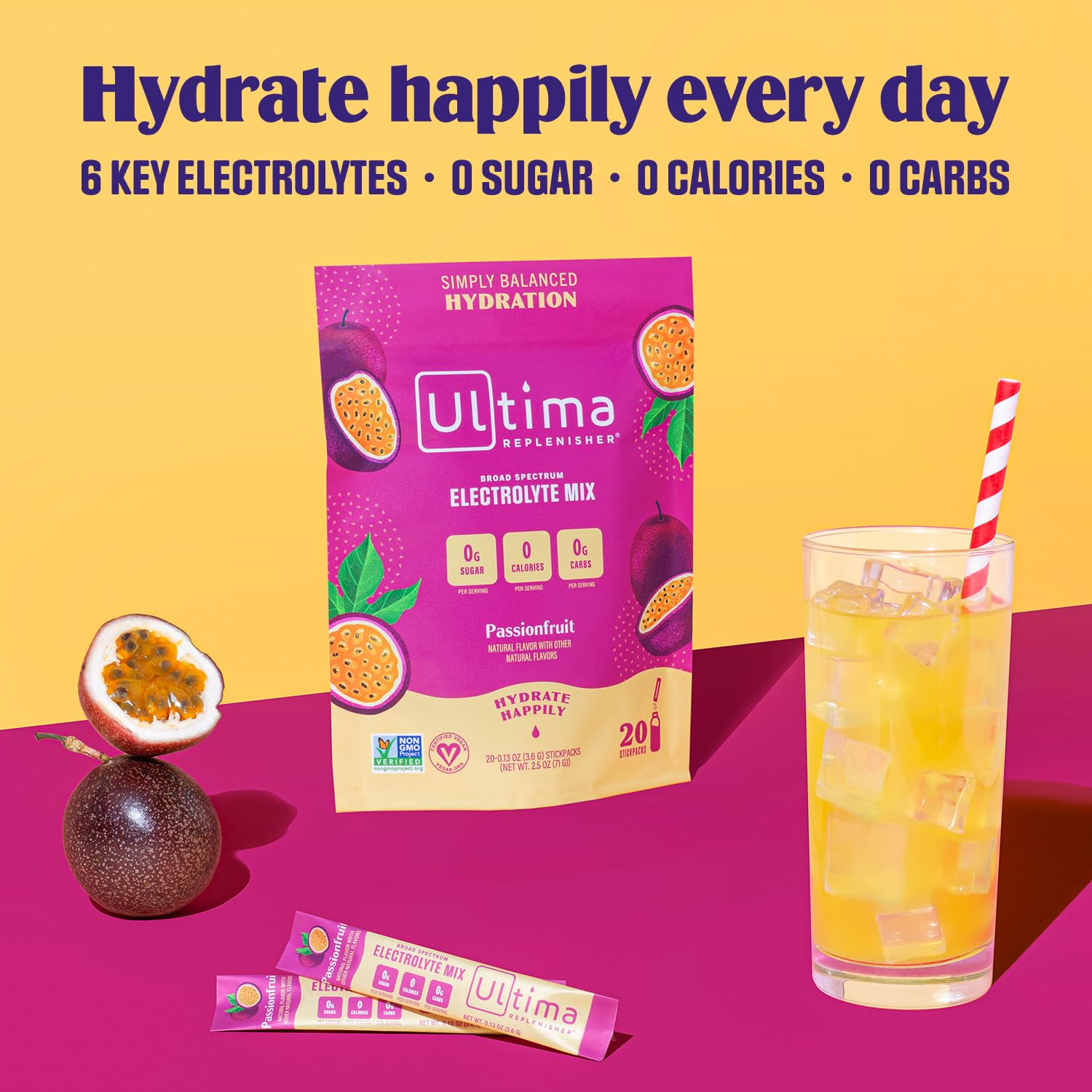 Ultima Replenisher Daily Electrolyte Drink Mix – Passionfruit, 20 Stickpacks – Hydration Ultima Replenisher