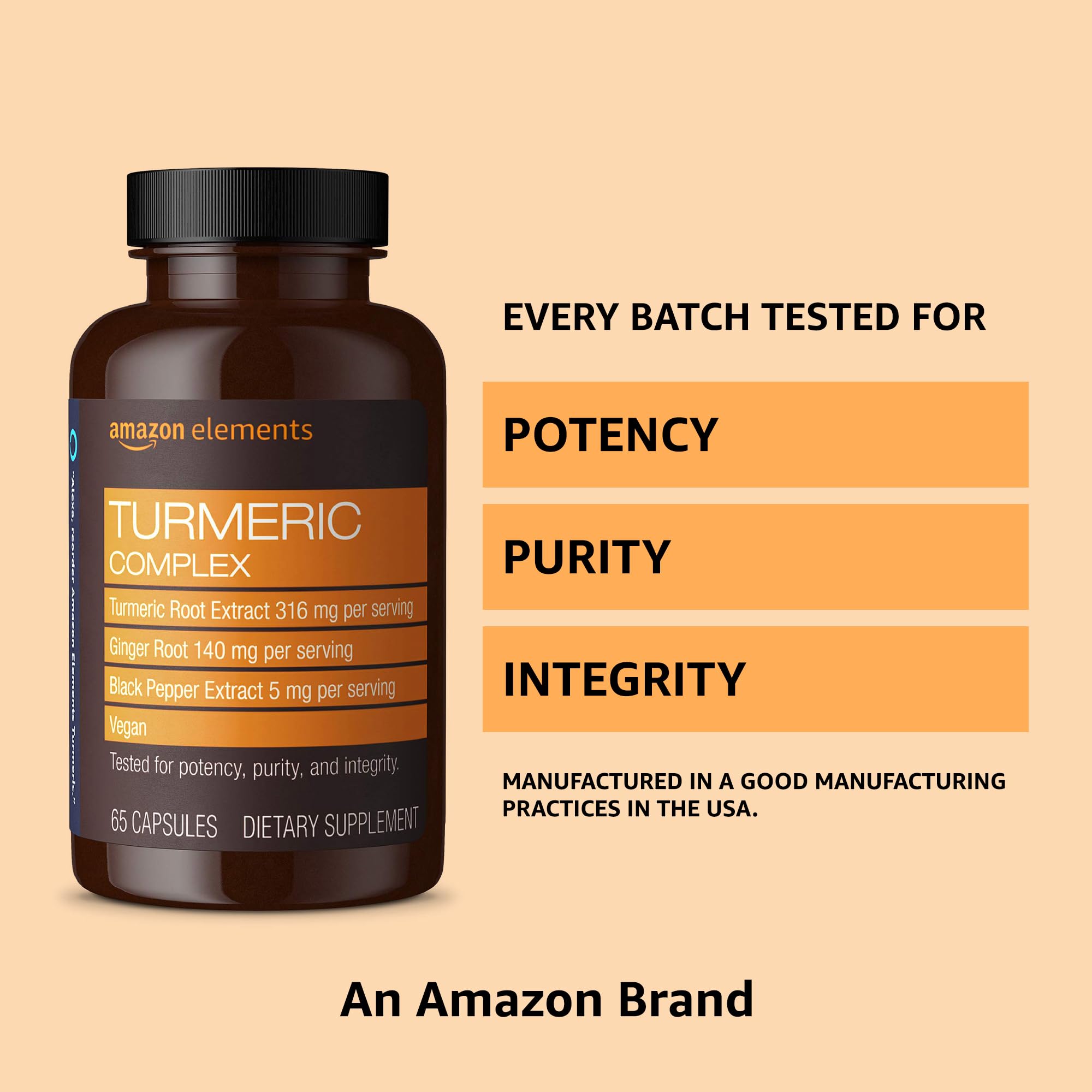 Amazon Elements Turmeric Complex, 316 mg Curcumin, 140 mg Ginger, 5 mg Black Amazon Elements