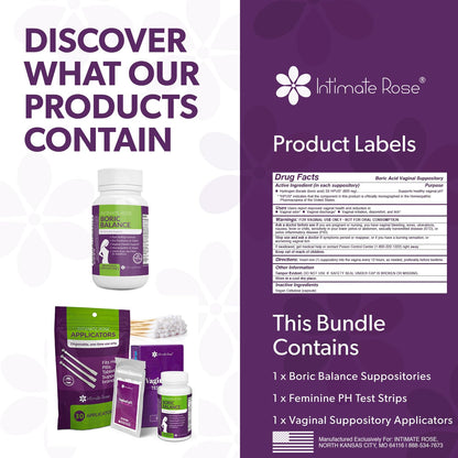 Intimate Rose Boric Acid Suppositories + 15 Count Vaginal Suppository Applicator + pH Test Strips