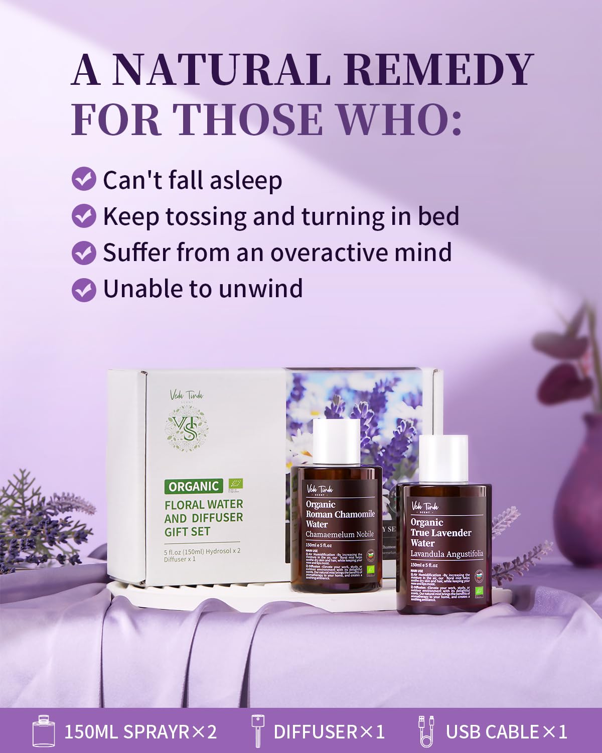 VTS Organic Lavender Water and Roman Chamomile Floral Water with Diffuser, Aromatherapy Air VEDA TINDA SCENT