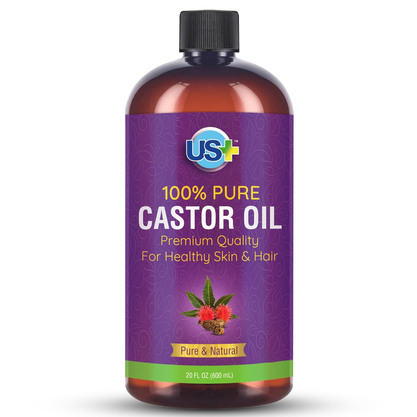 Us+ 20oz 100% Pure Castor Oil - Cold-pressed, Unrefined, Hexane-free - USP Grade - Premium Quality