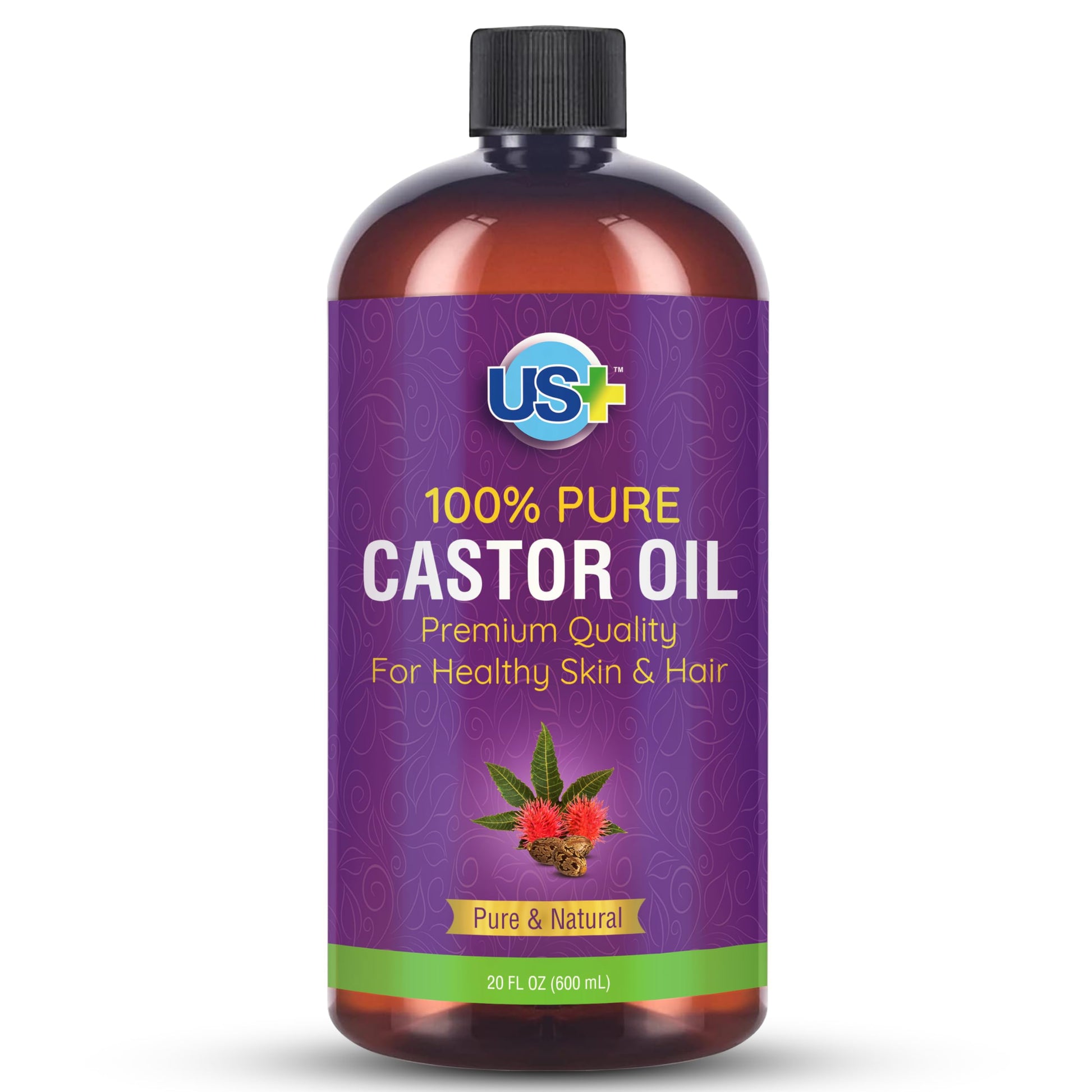 Us+ 20oz 100% Pure Castor Oil - Cold-pressed, Unrefined, Hexane-free - USP Grade - Premium Quality