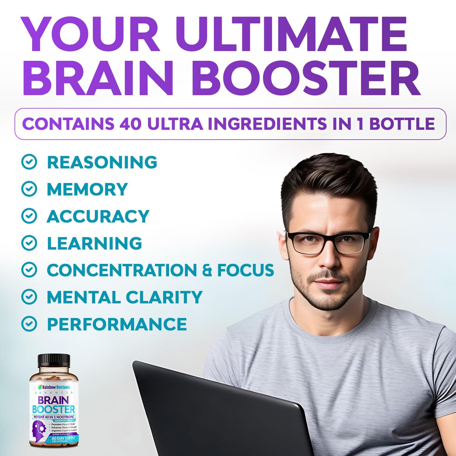 40-in-1 Brain Booster Supplements for Memory, Focus, Clarity, Energy, Performance Rainbow Nutrients, LLC