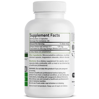 Bronson Ginkgo Biloba Extra Strength 125mg (4:1 Extract) Equivalent to 500mg