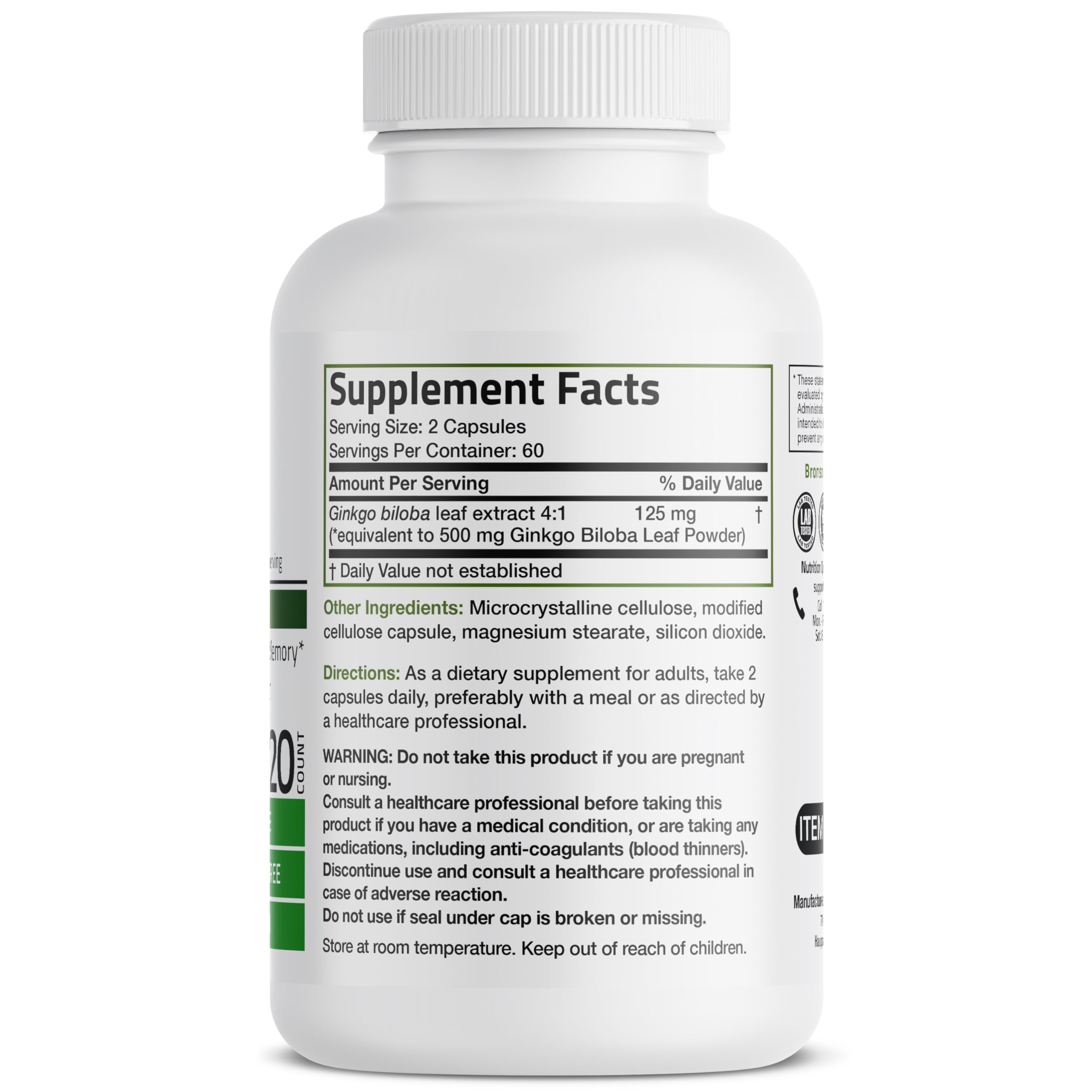 Bronson Ginkgo Biloba Extra Strength 125mg (4:1 Extract) Equivalent to 500mg Bronson