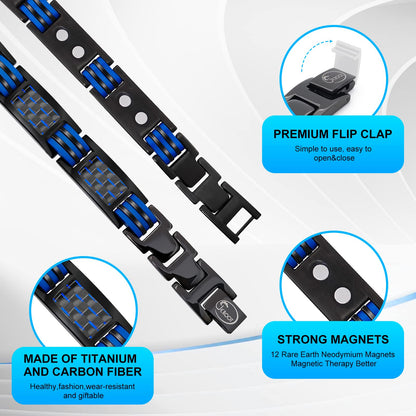 JEROOT Magnetic Bracelets for Men, Blue Carbon Fiber Pure Titanium Magnetic Bracelet