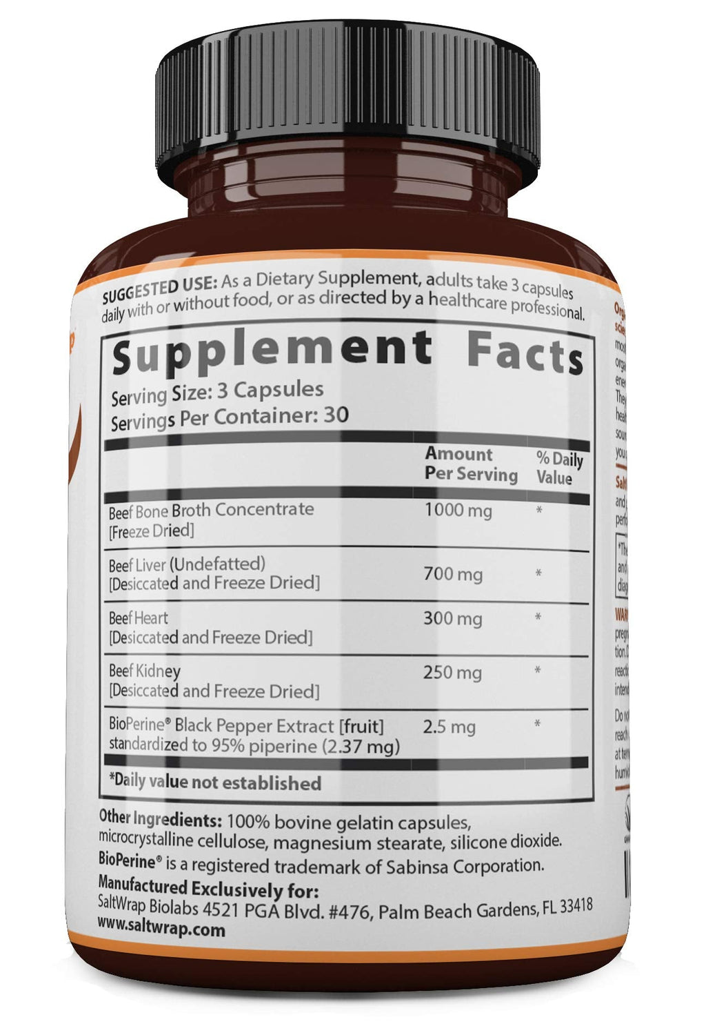 SaltWrap Organ Therapy - Grass Fed Beef Organ Meat Complex Supplement with Organic