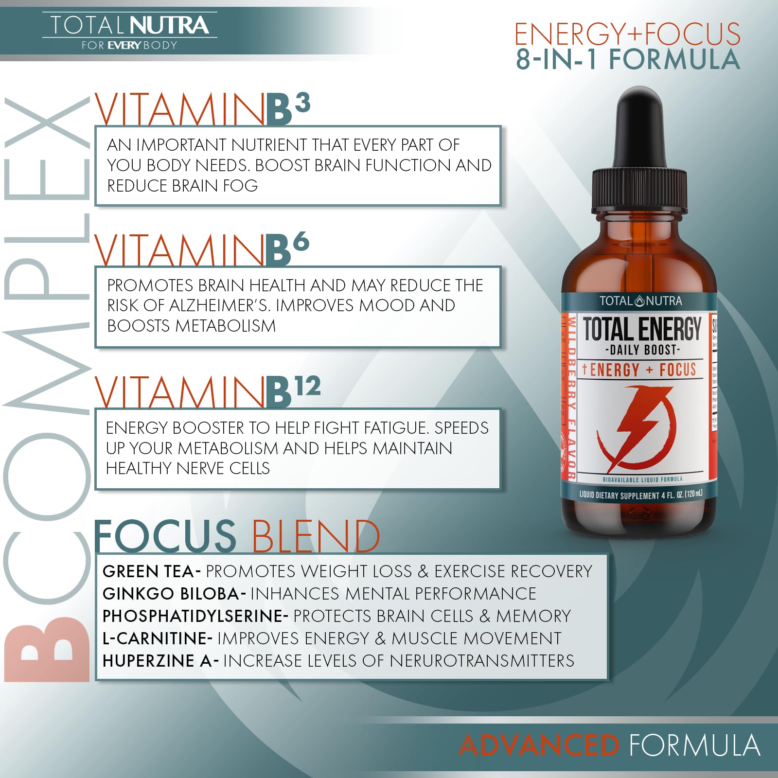 Extra Strength Vitamin B Complex Drops- B Vitamins B12, B6, B3- Vegan and Non GMO Total Nutra