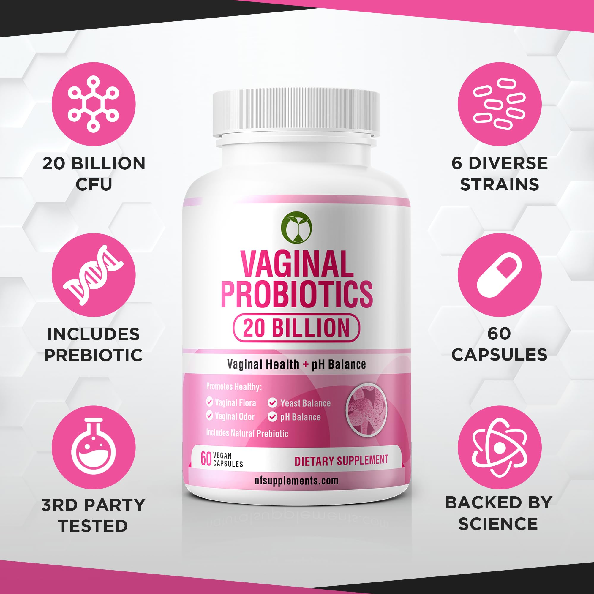 Vaginal Probiotics for Womens Health 20 Billion CFU | PH Balance & Vaginigal Odor Support 60 Capsules Natural Foundation Supplements