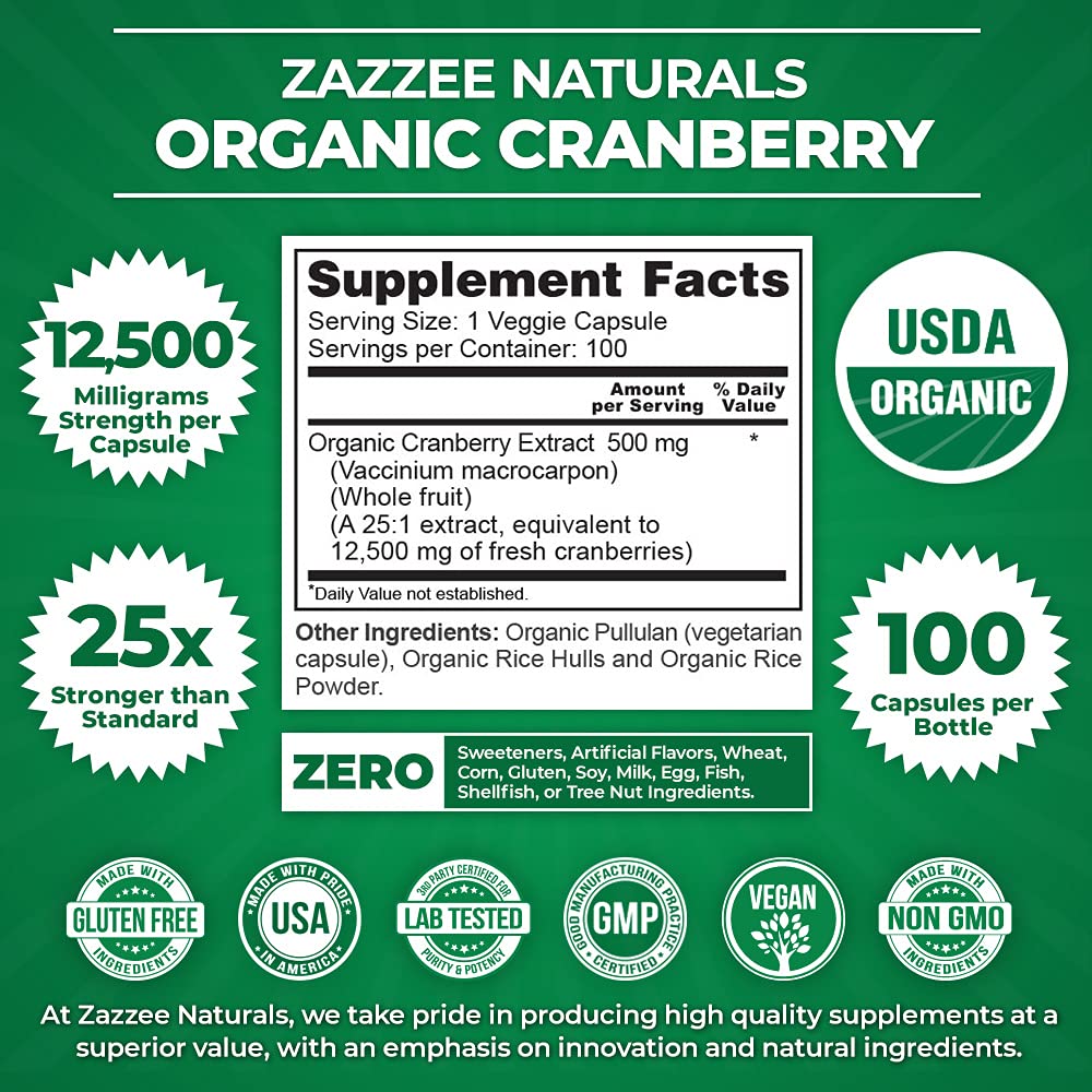 Zazzee USDA Organic Cranberry 25:1 Extract, 12,500 mg Strength, 100 Vegan Capsules