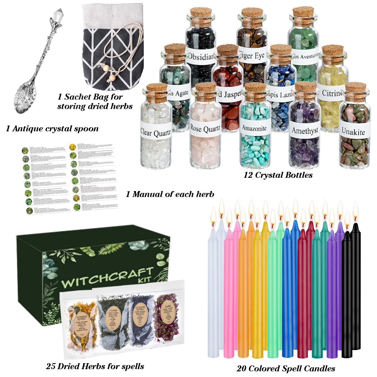 JUSTASHOW 61PCS Witchcraft Supplies for Wiccan Spells, Witchcraft Starter Kit, Spell Candles JUSTASHOW