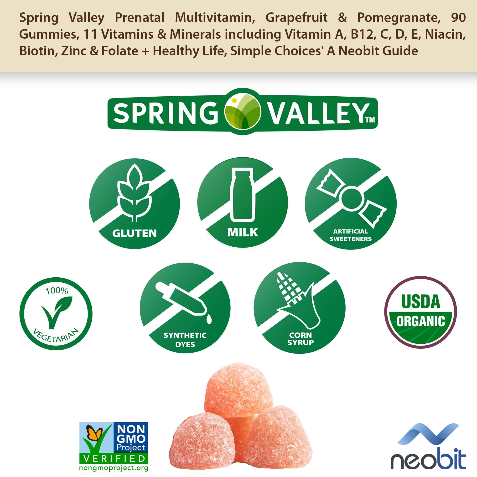 Spring Valley Prenatal Multivitamin, Grapefruit & Pomegranate, 90 Gummies, 11 Vitamins Neobit