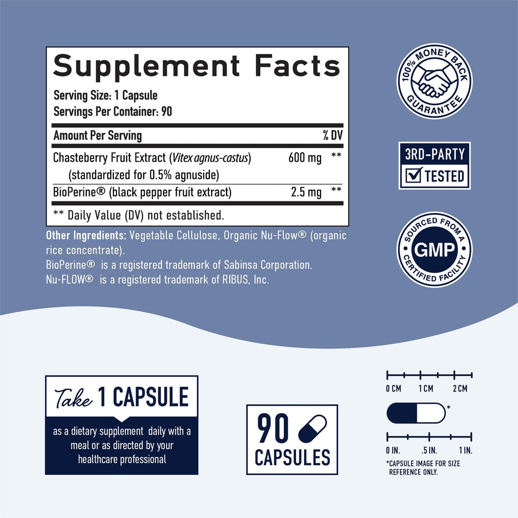 LLK Chasteberry Capsules 600mg - Menopause & PMS Relief Women's Health Supplement