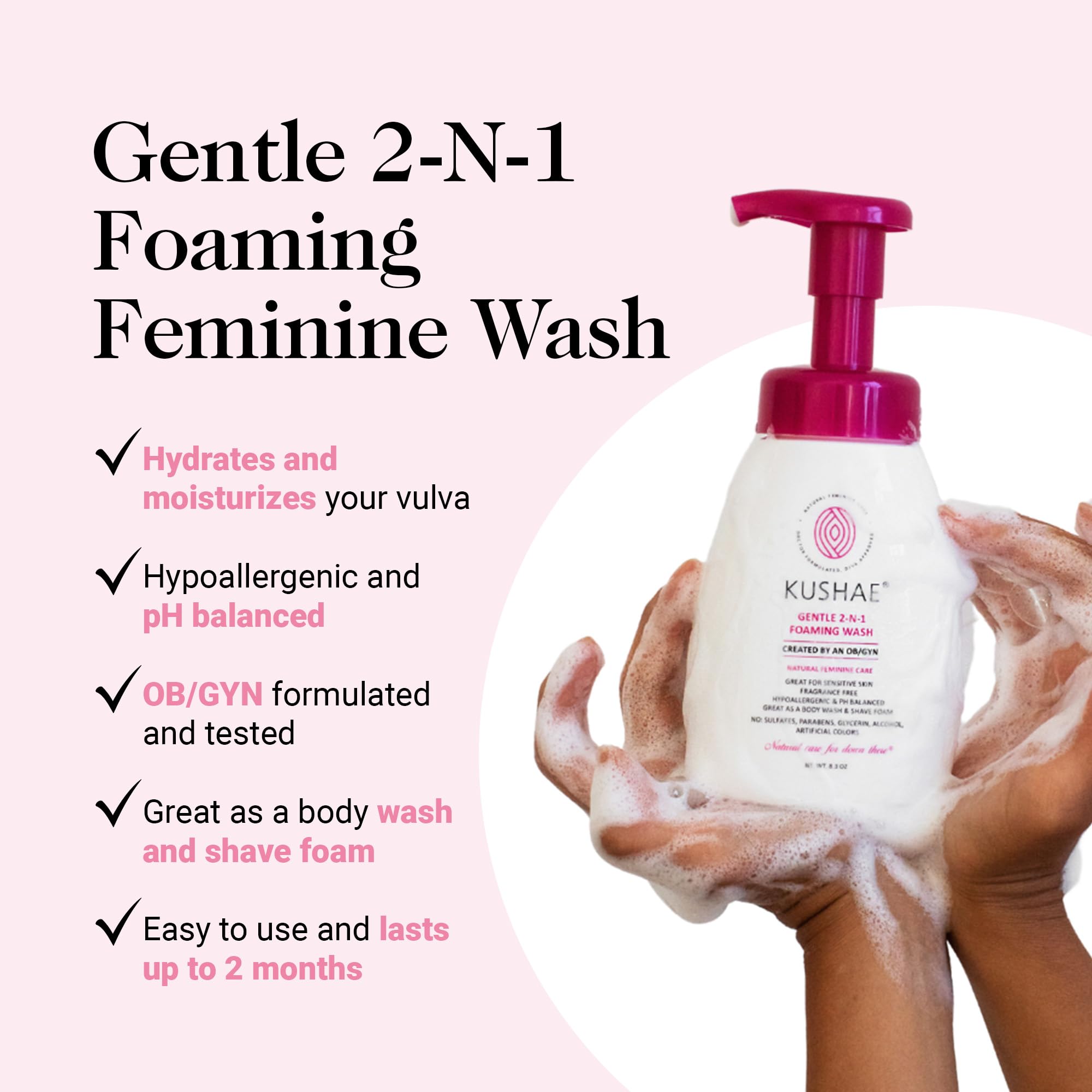 Kushae Gentle 2-in-1 Foaming Wash, pH Balance Feminine Wash for Optimal Hygiene