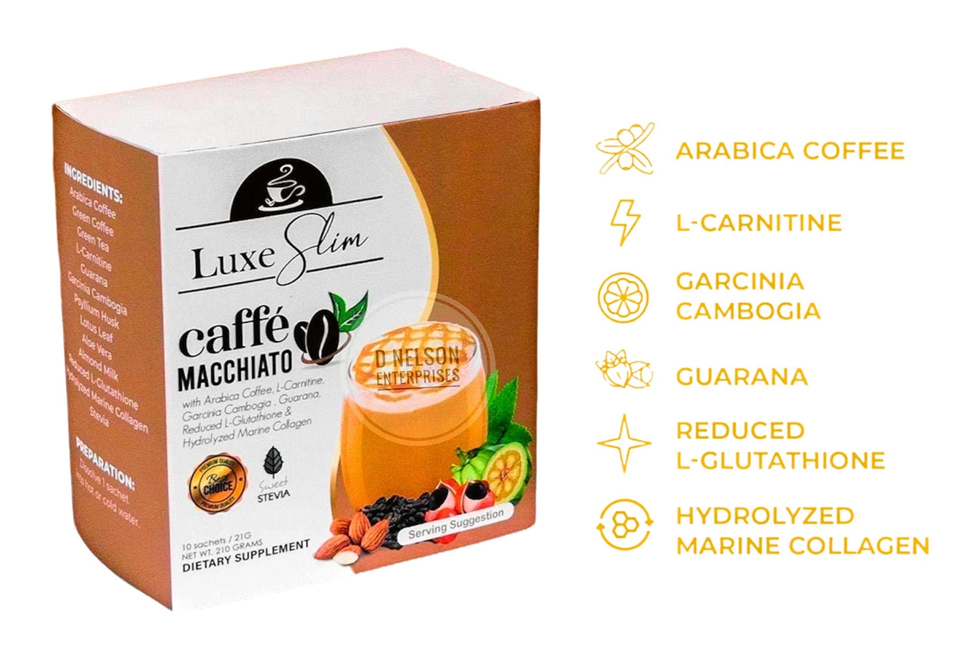 Luxe Slim Cafe Macchiato with Hydrolyzed Collagen & Glutathione, 21g x 10 Sachets, 0.74 Ounce Luxe Slim